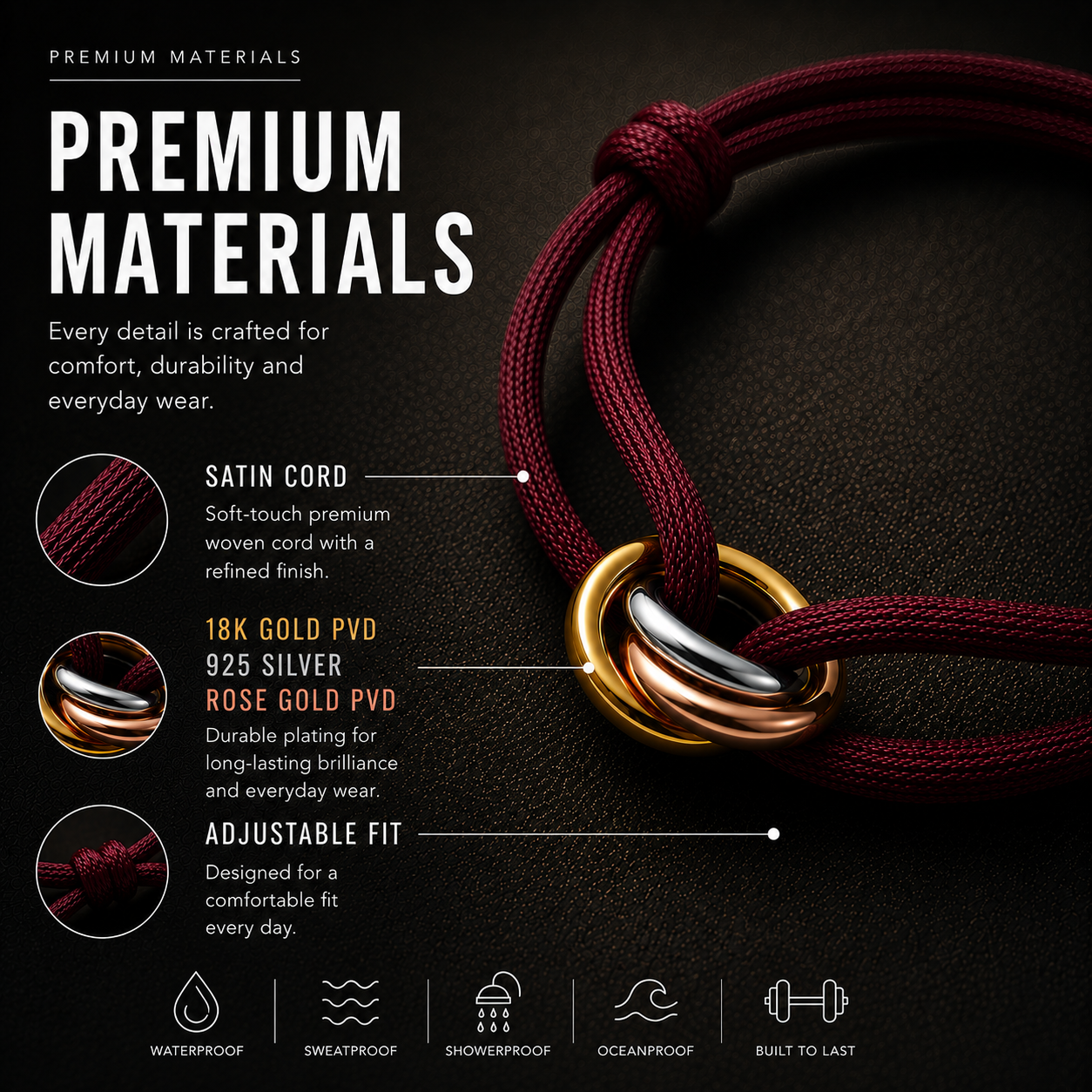 Cord Armband — Ring Tri-Tone / Burgundy