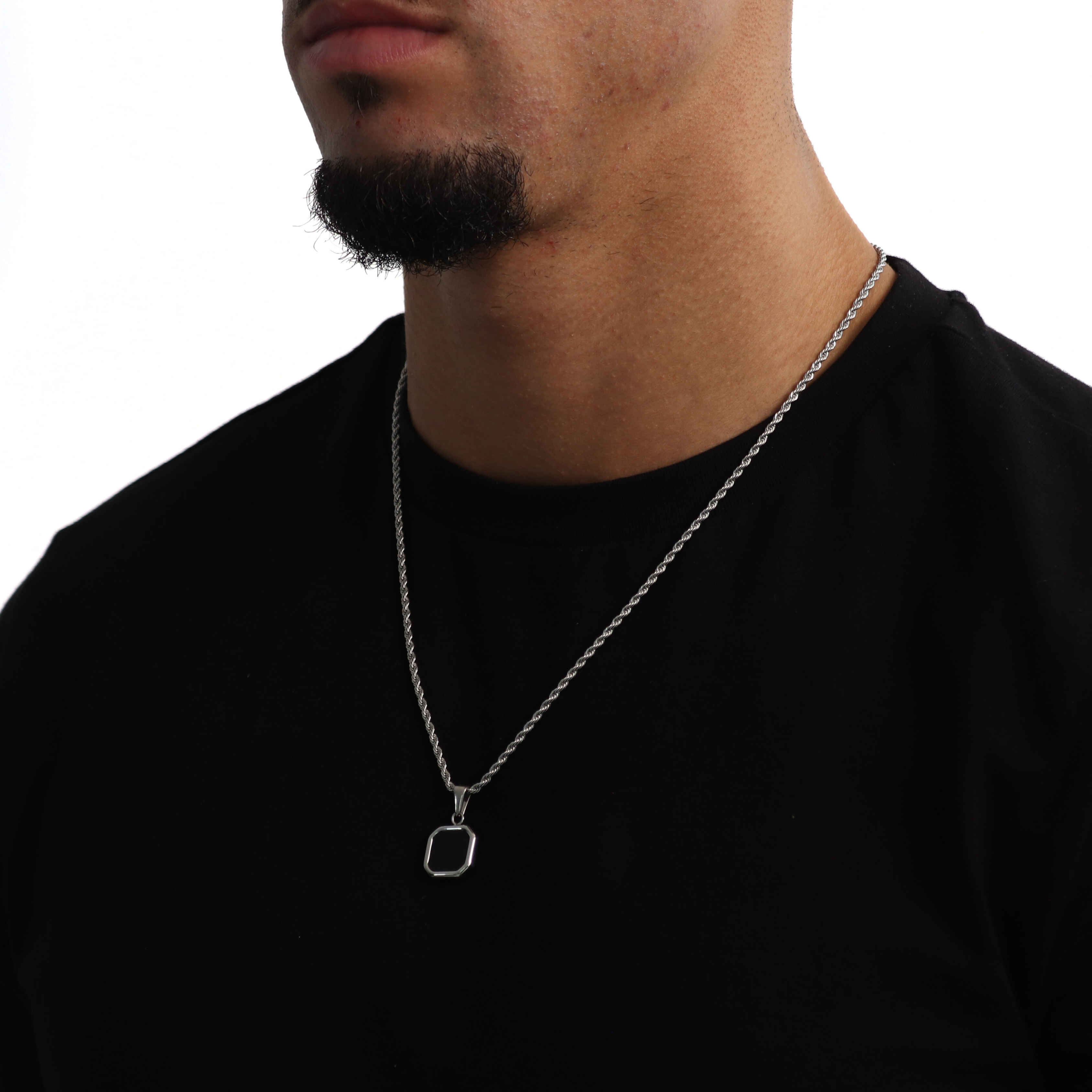 Stone Black Pendant + Chain (Silver)