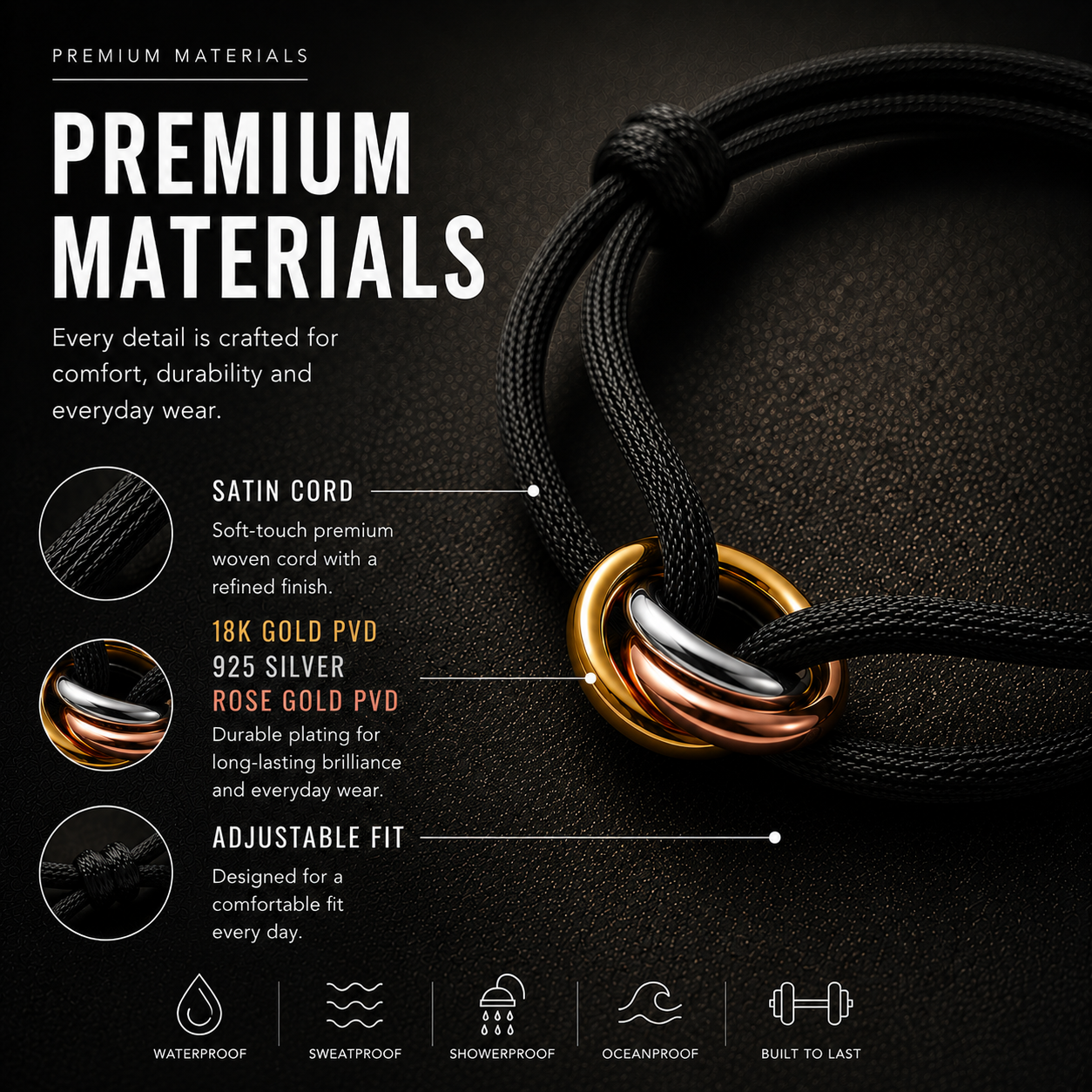 Cord Armband — Ring Tri-Tone / Black