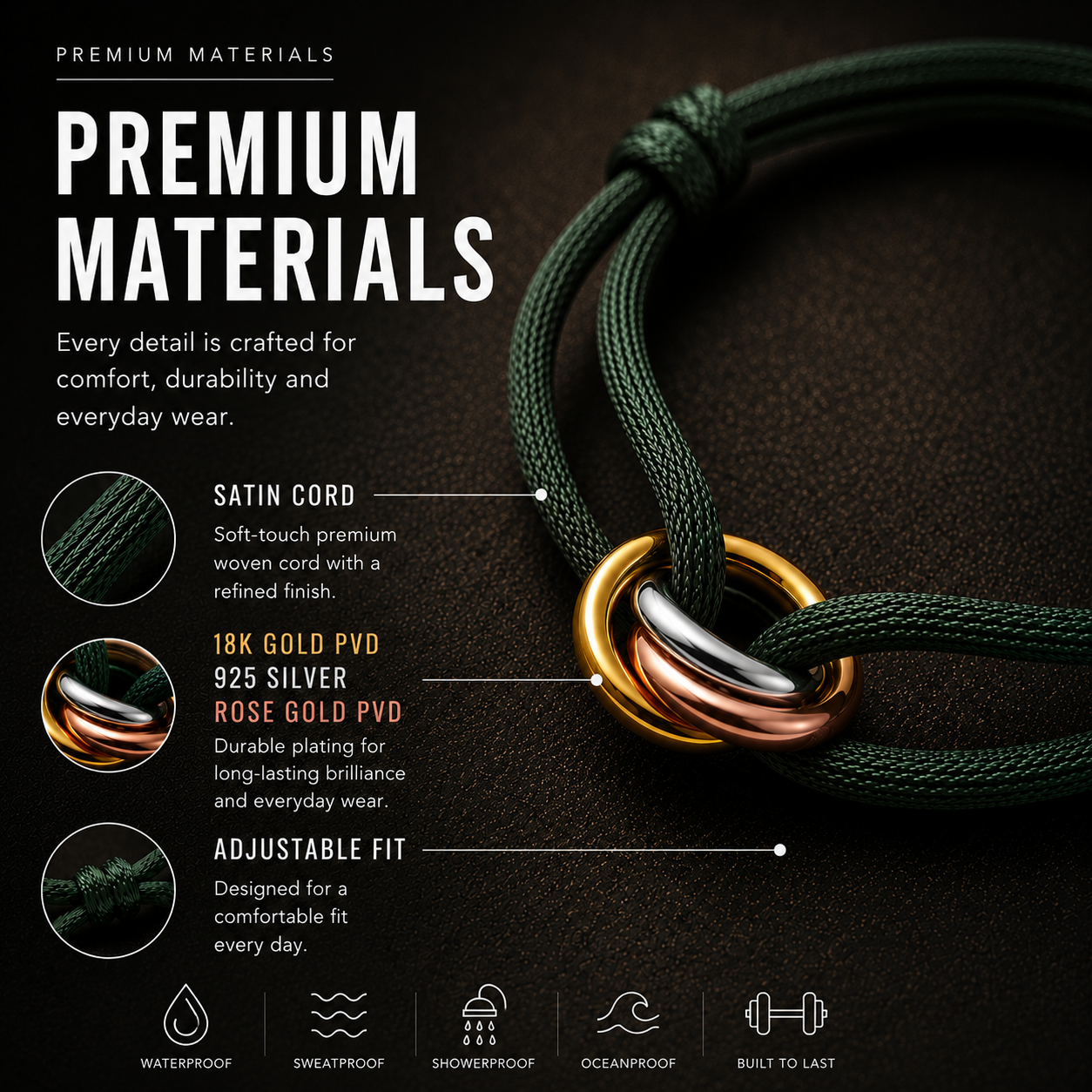 Cord Armband — Ring Tri-Tone / Forest Green